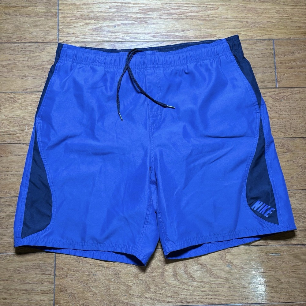 Nike Swim Trunks Shorts Mens L Blue Black Lined Drawstring Athletic Logo
